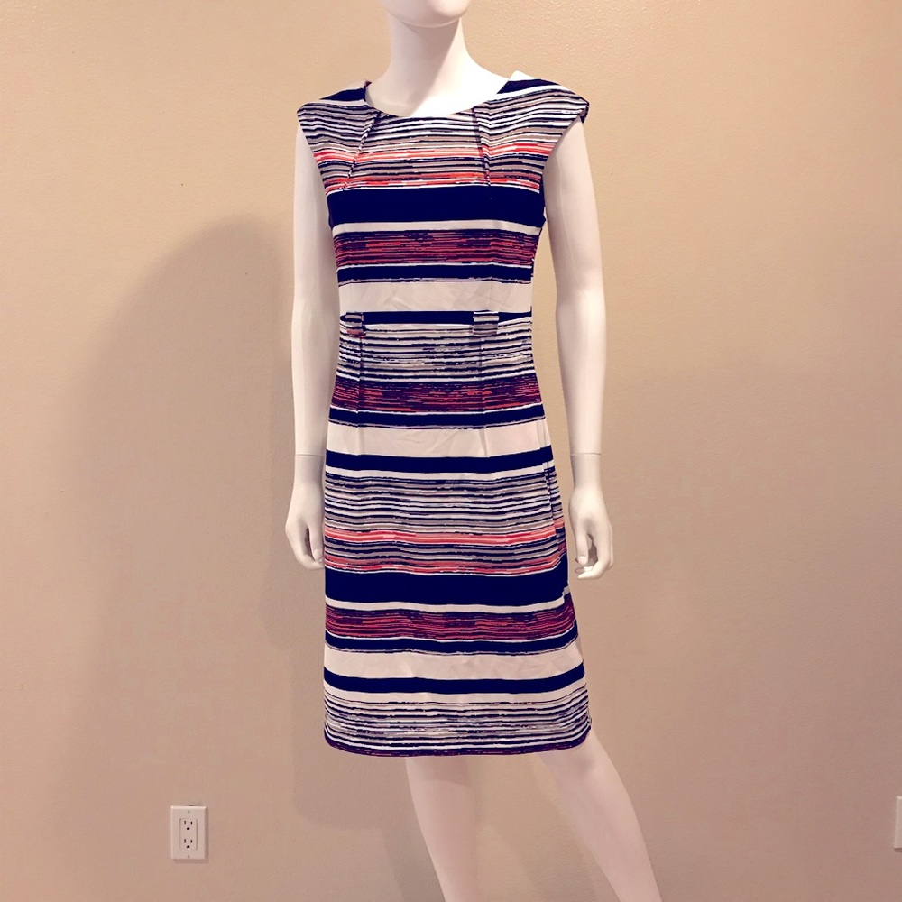 ILE Sheath Dress Size 8 Small Sleeveless Multi Color Stripe Stretch Zip Back